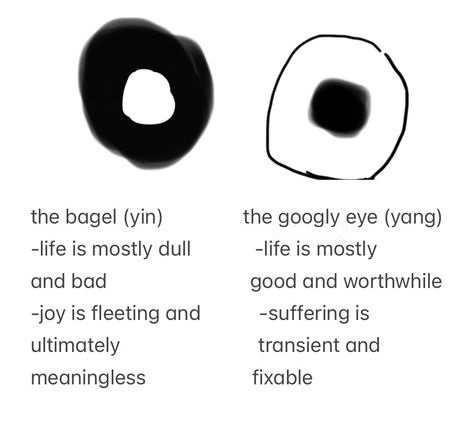 the bagel (yin): life is mostly dull and bad, joy is fleeting and ultimately meaningless. the googly eye (yang): life is mostly good and worthwhile, suffering is transient and fixable