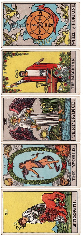 tarot cards: strength, the world, temperance, the magician, wheel of fortune